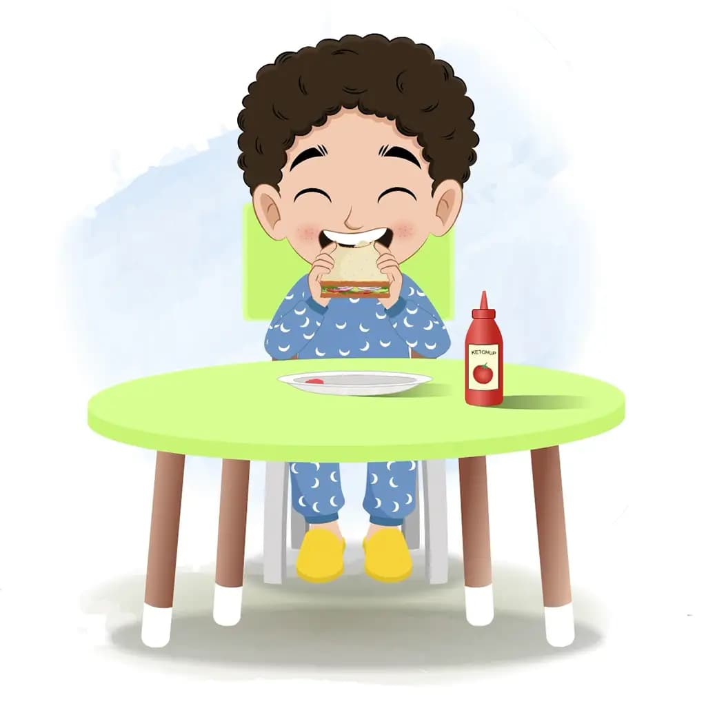 A boy animated cartoon character sitting at a table and eating a sandwich aka sachin