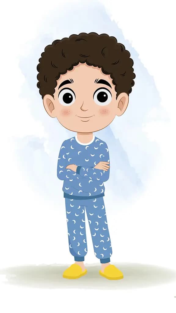 A boy standing with cross hand and talking animated cartoon character aka sachin