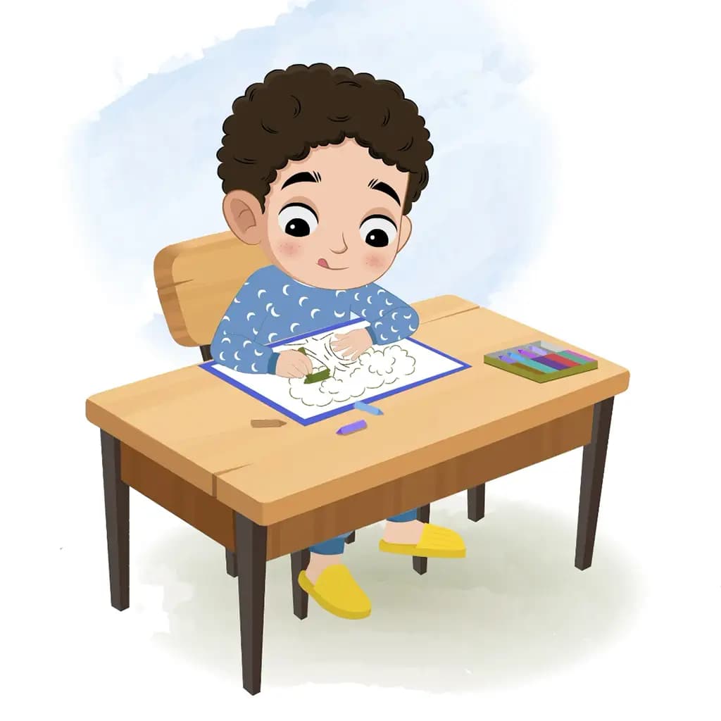 A boy is sitting at a table with some crayons and colouring on the paper aka sachin