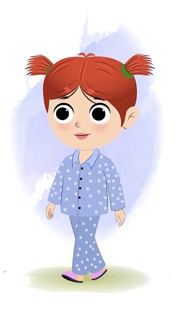 A girl 3/4 front view/three quarter view walking animated cartoon character aka may