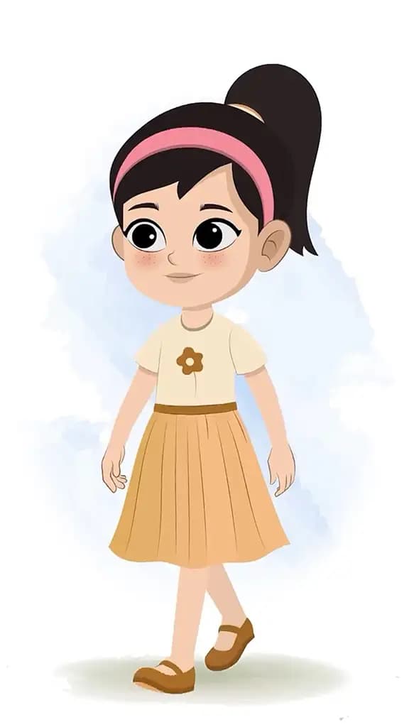 A cute girl 3/4 front view/three quarter view walking animated cartoon character aka simmi