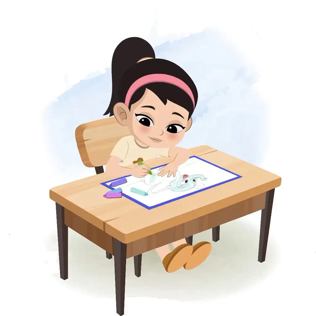 A cute girl is sitting at a table with some crayons and coloring on the paper aka simmi