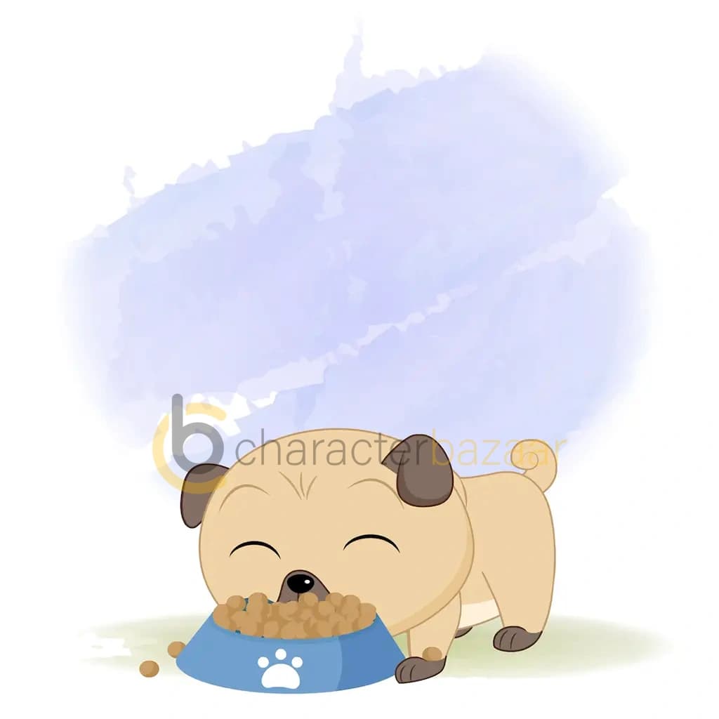 A little dog eating food from bowl animated cartoon character aka duffy the dog