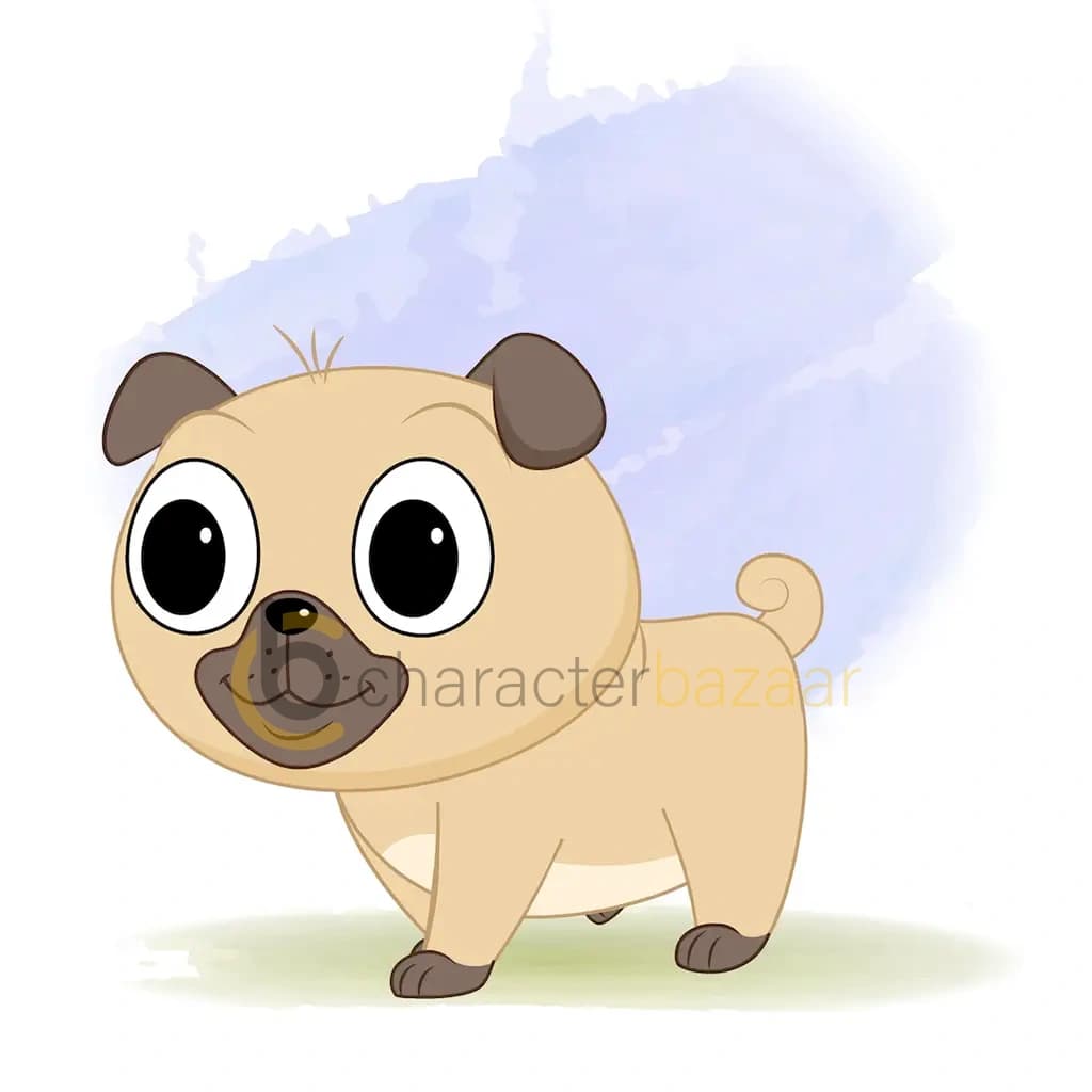 A little dog 3/4 front view/three quarter view walking animated cartoon character aka duffy the dog