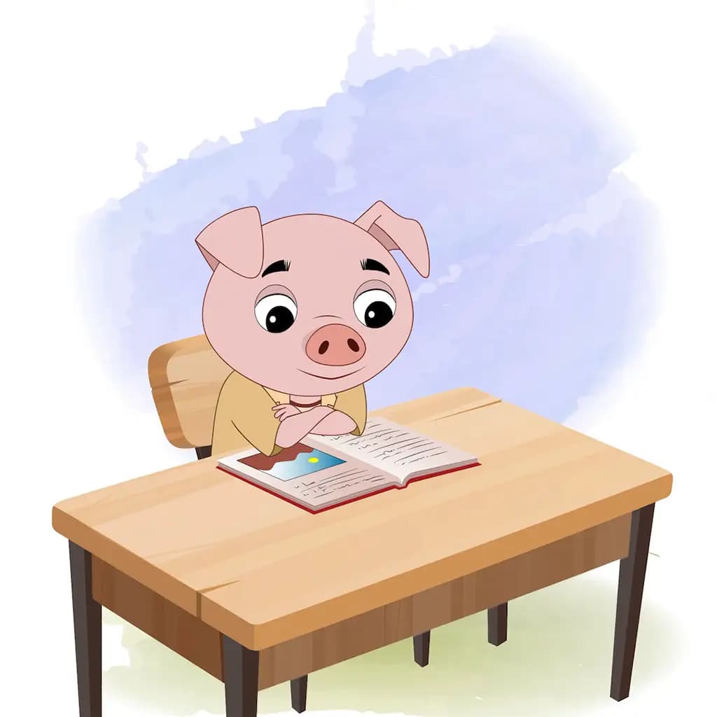 A cute pig reading a book and sitting on the table animated cartoon character aka puffy the pig