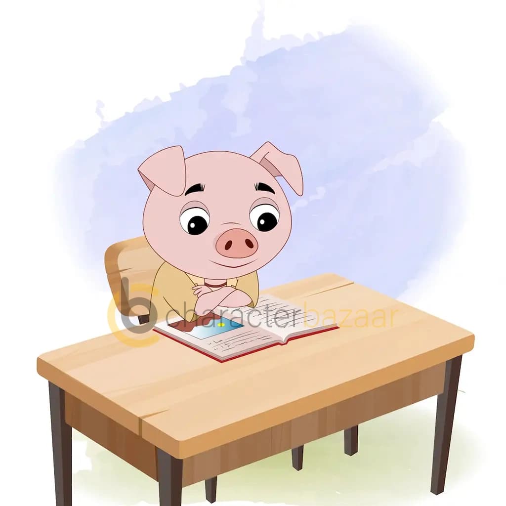 A cute pig reading a book and sitting on the table animated cartoon character aka puffy the pig