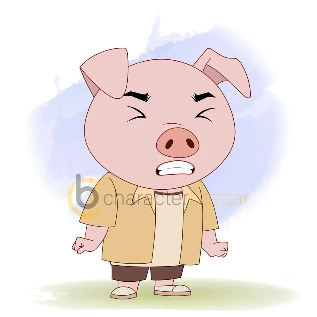 An angry cute pig animated cartoon character aka puffy the pig 3/4