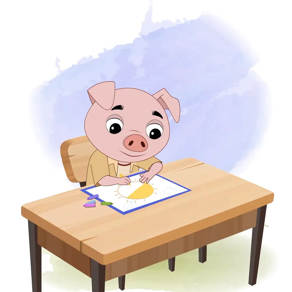 A cute pig is sitting at a table with some crayons and colouring on the paper aka puffy the pig