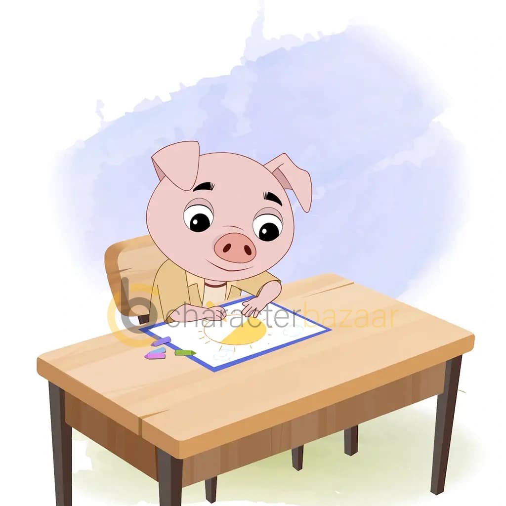 A cute pig is sitting at a table with some crayons and colouring on the paper aka puffy the pig