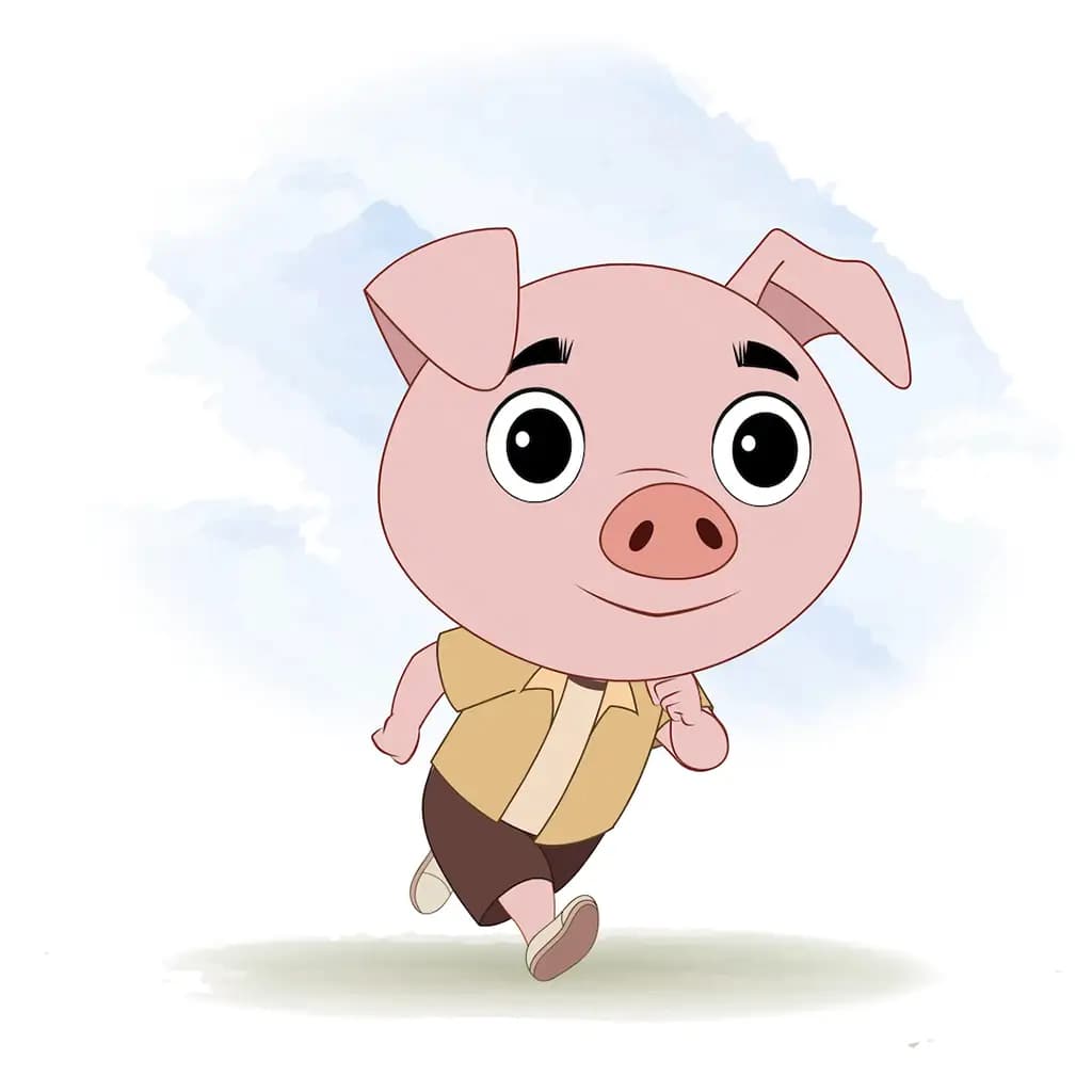 A cute pig running three quarter view animated cartoon character aka puffy the pig