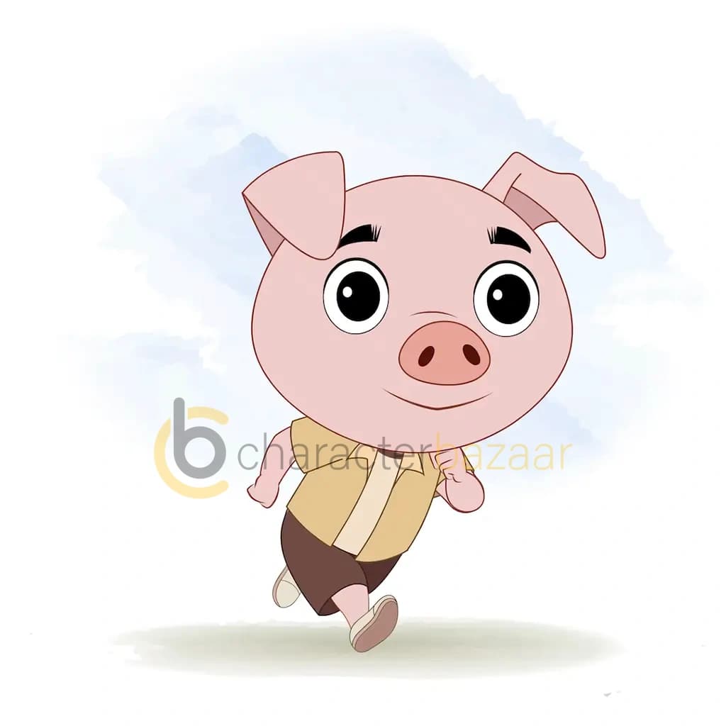 A cute pig running three quarter view animated cartoon character aka puffy the pig