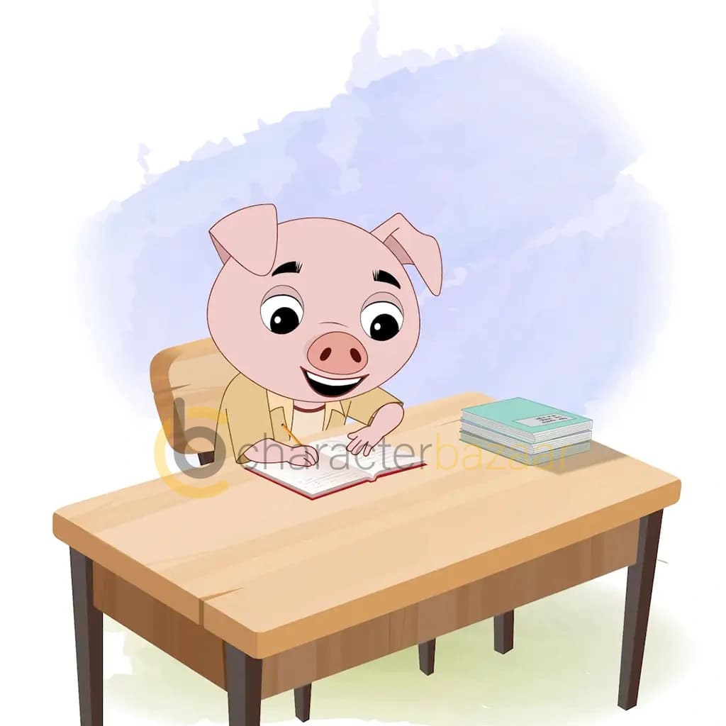 A cute pig doing homework and sitting on the table animated cartoon character aka puffy the pig