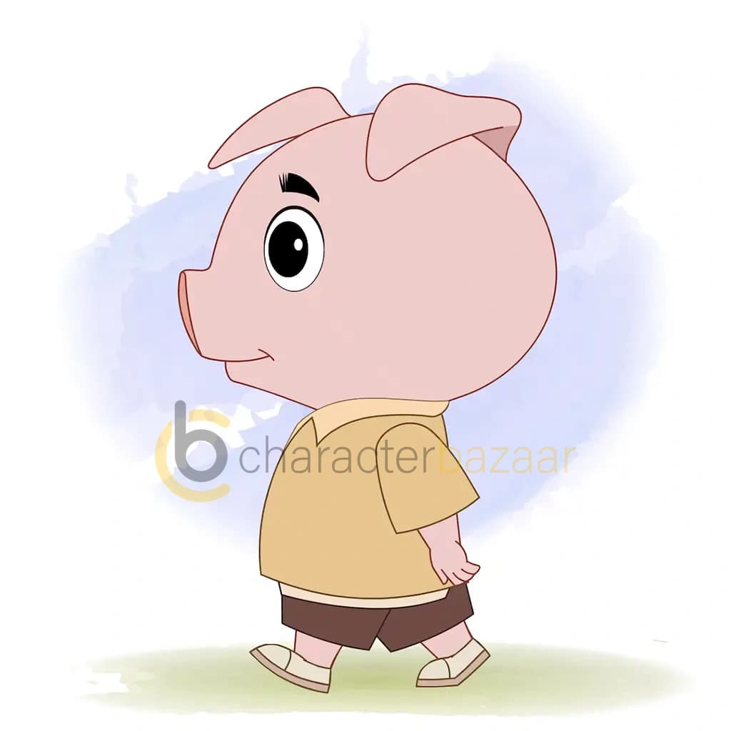 A cute pig walking side view animated cartoon character aka puffy the pig