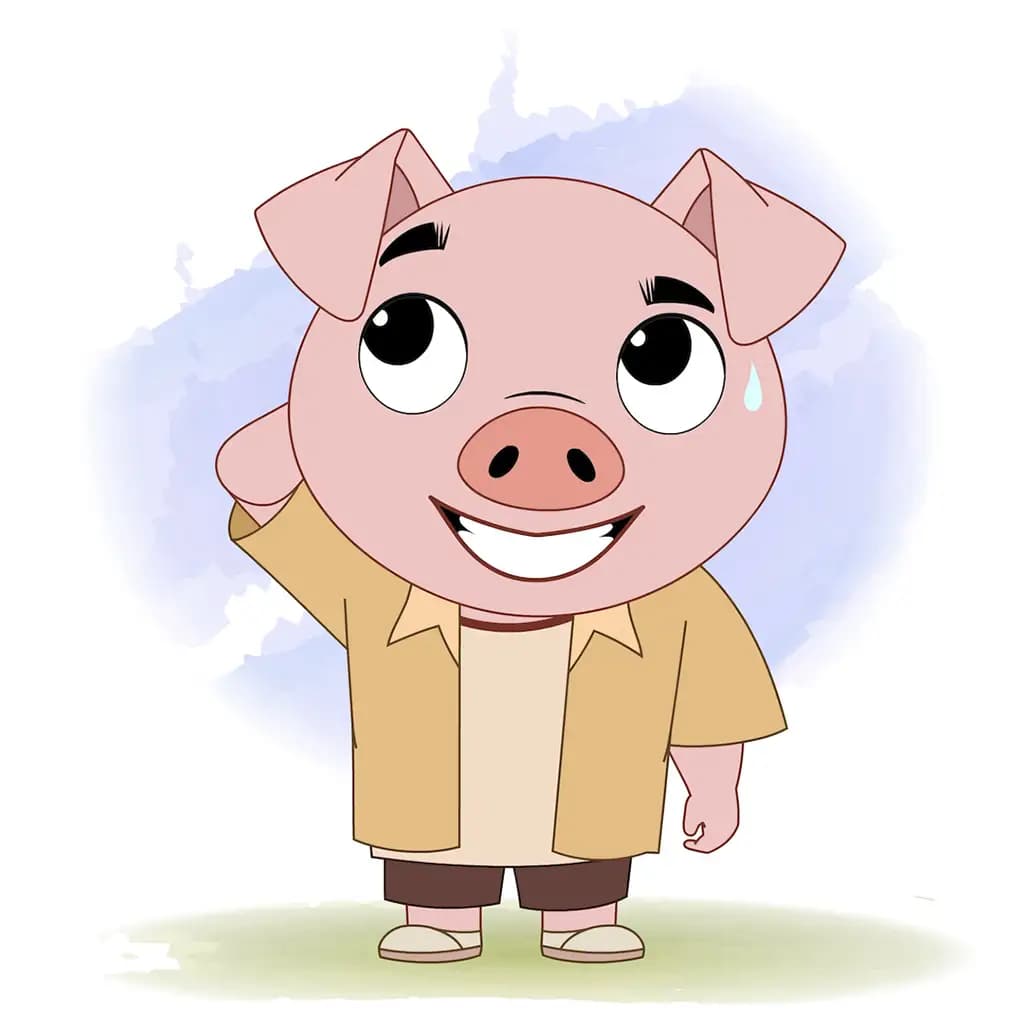 A nervous cute pig animated cartoon character aka puffy the pig