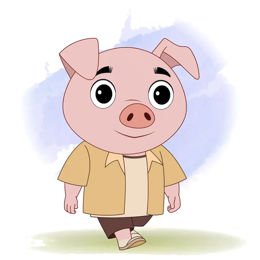 A cute pig 3/4 front view/three quarter view walking animated cartoon character aka puffy the pig 3/4