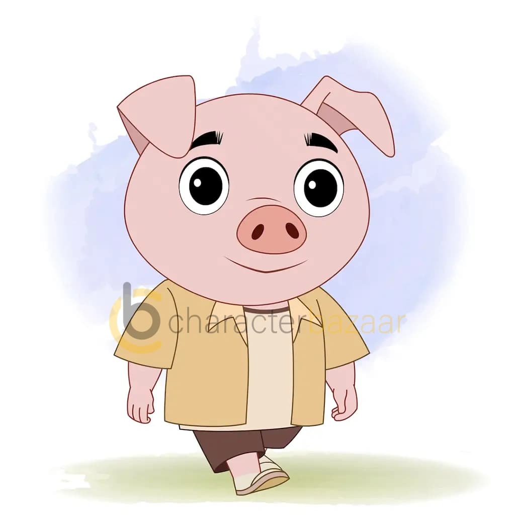 A cute pig 3/4 front view/three quarter view walking animated cartoon character aka puffy the pig 3/4