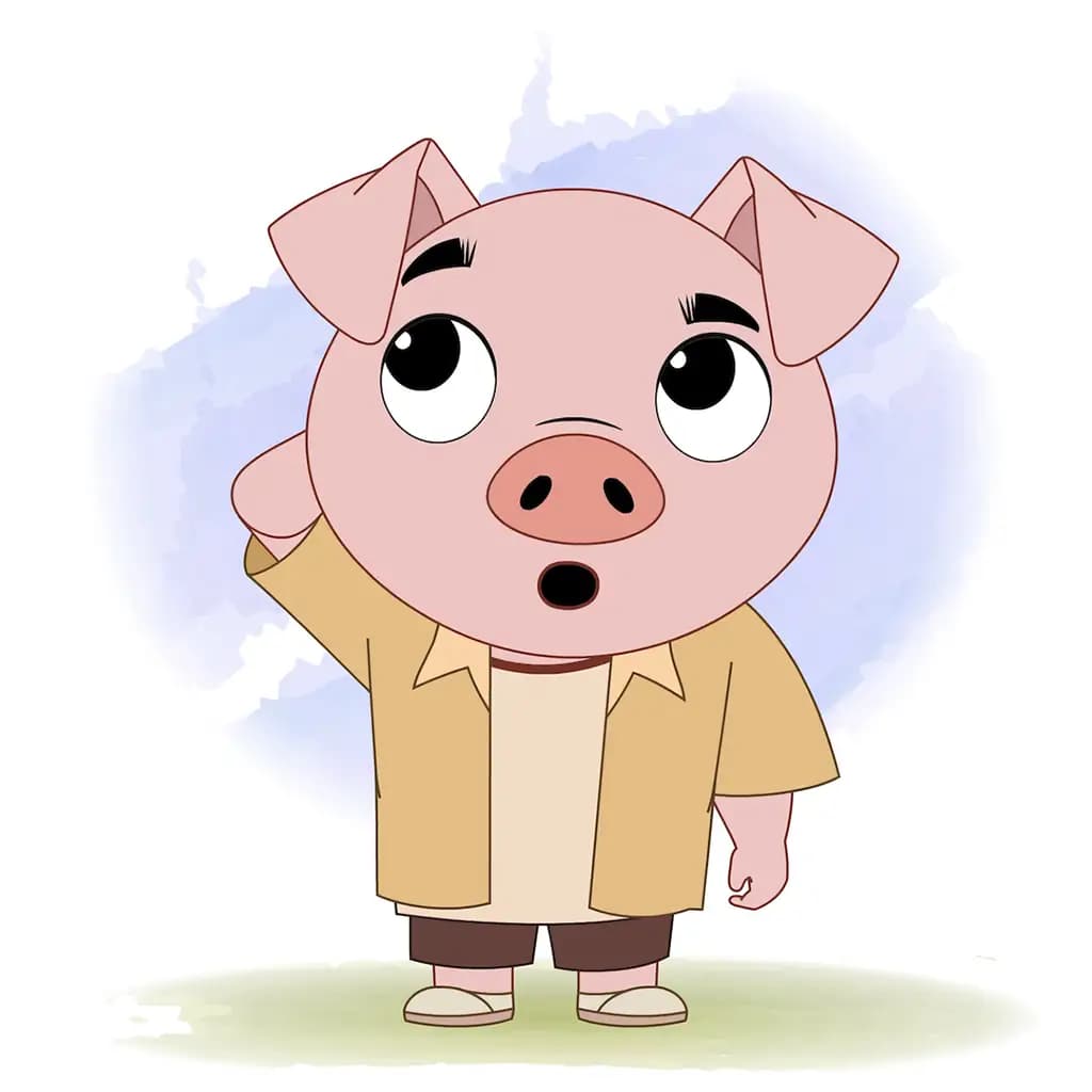 A confused cute pig animated cartoon character aka puffy the pig