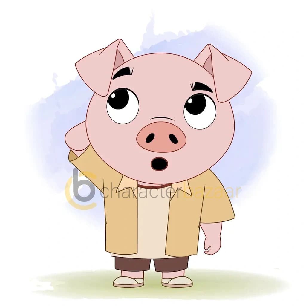 A confused cute pig animated cartoon character aka puffy the pig