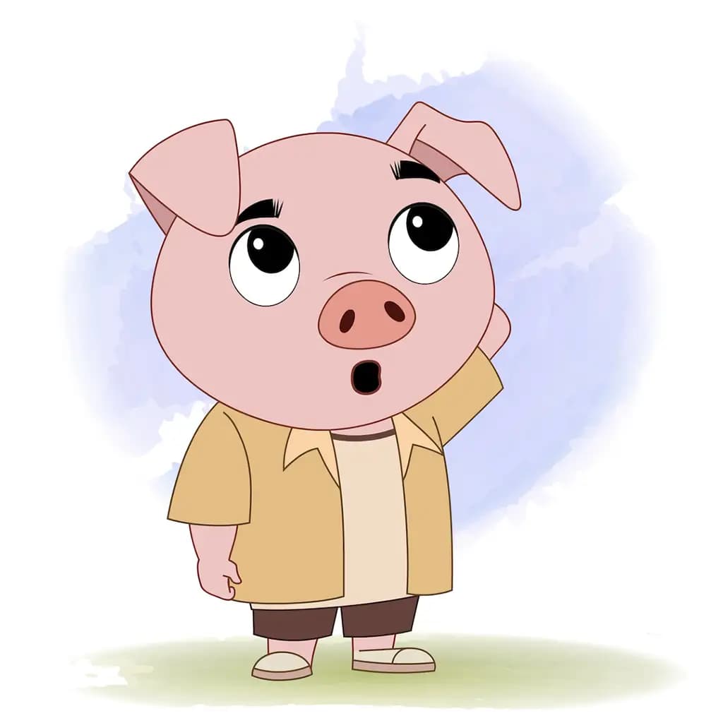 A confused cute pig animated cartoon character aka puffy the pig 3/4
