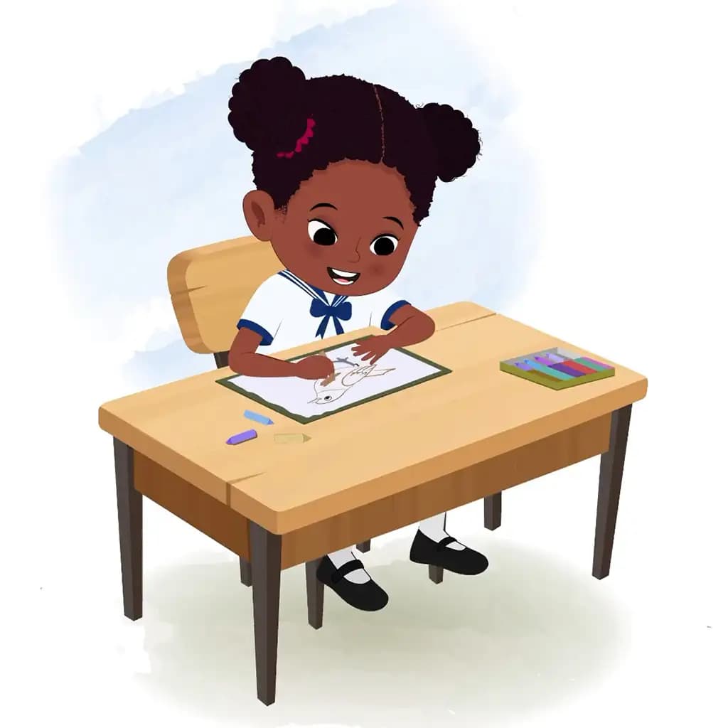A little black girl is sitting at a table with some crayons and coloring on the paper aka kaya