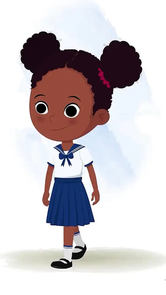 A little black girl 3/4 front view/three quarter view walking animated cartoon character aka kaya