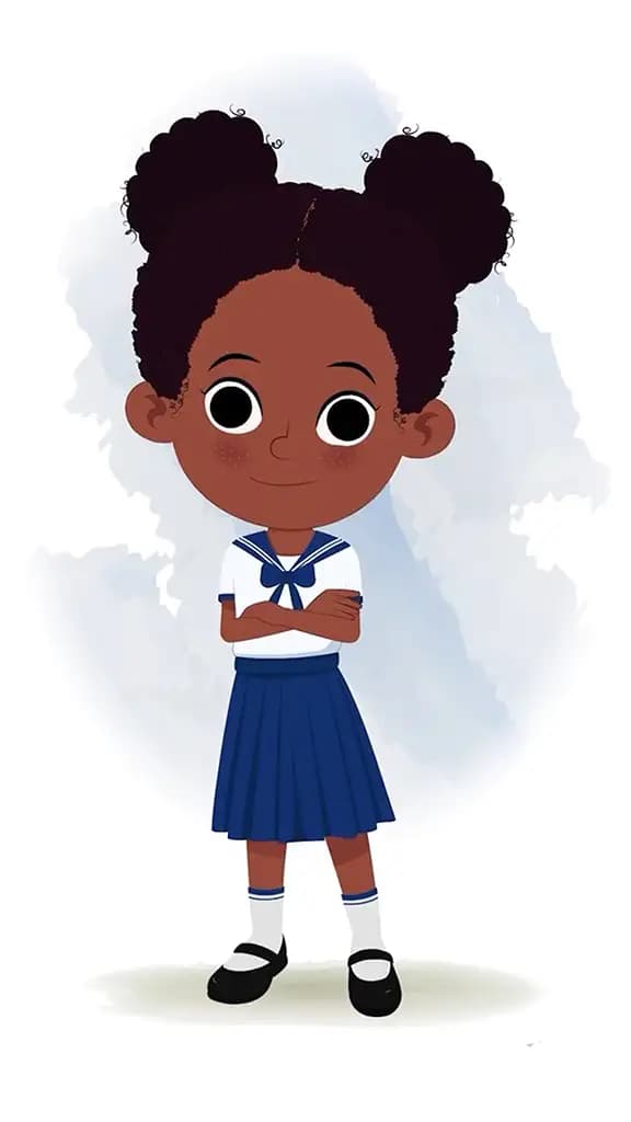 A little black girl standing with cross hand and talking animated cartoon character aka kaya