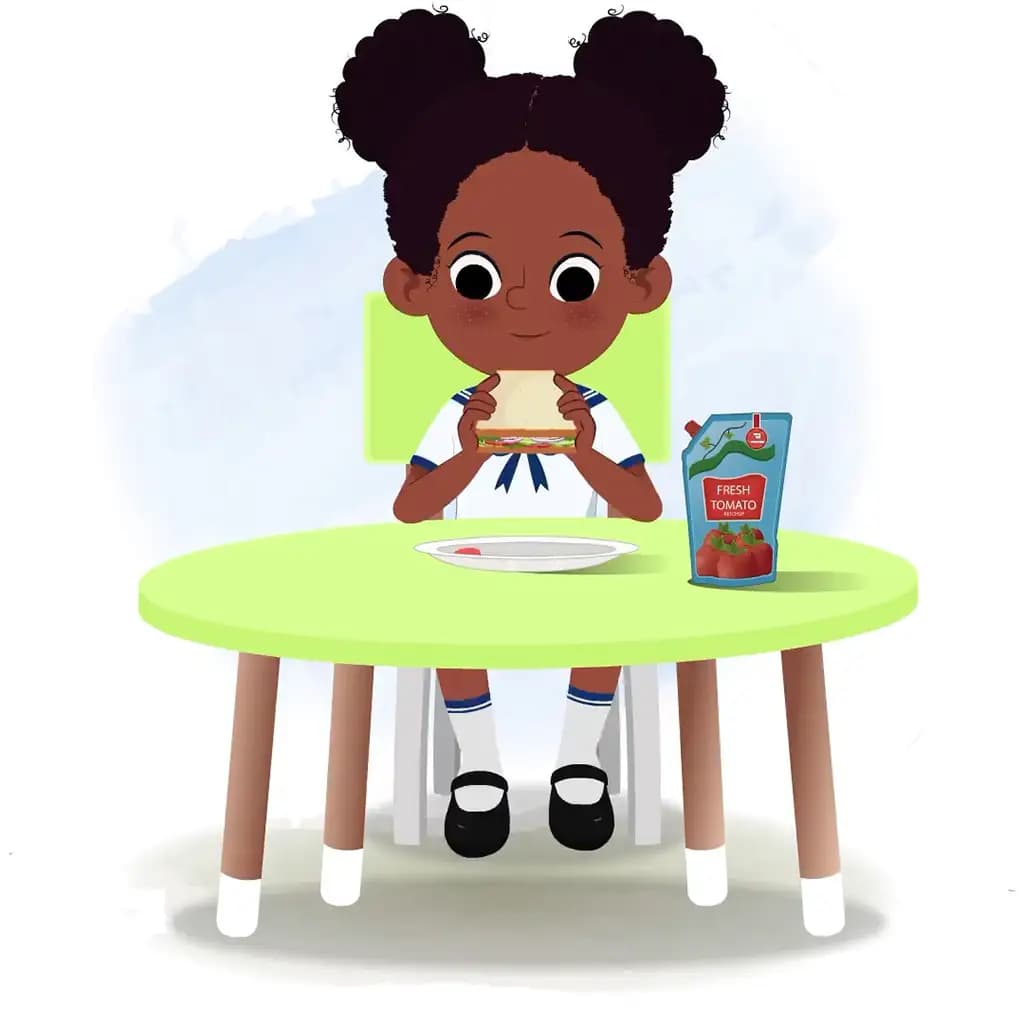 A little black girl animated cartoon character sitting at a table and eating a sandwich aka kaya