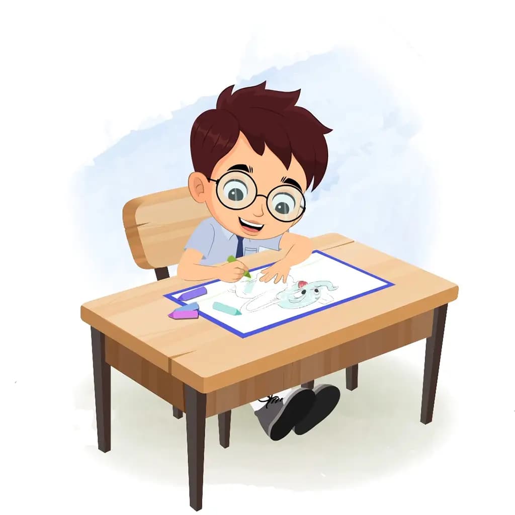 A school boy is sitting at a table with some crayons and colouring on the paper aka harry