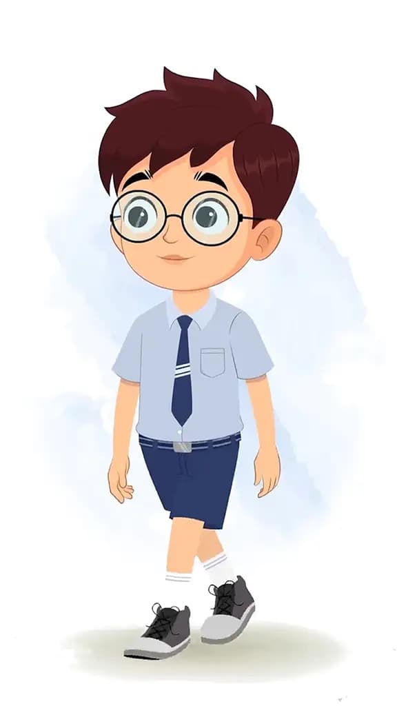 A school boy 3/4 front view/three quarter view walking animated cartoon character aka harry 3/4