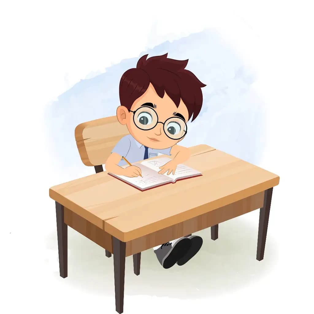 A school boy doing homework and sitting on the table animated cartoon character aka harry