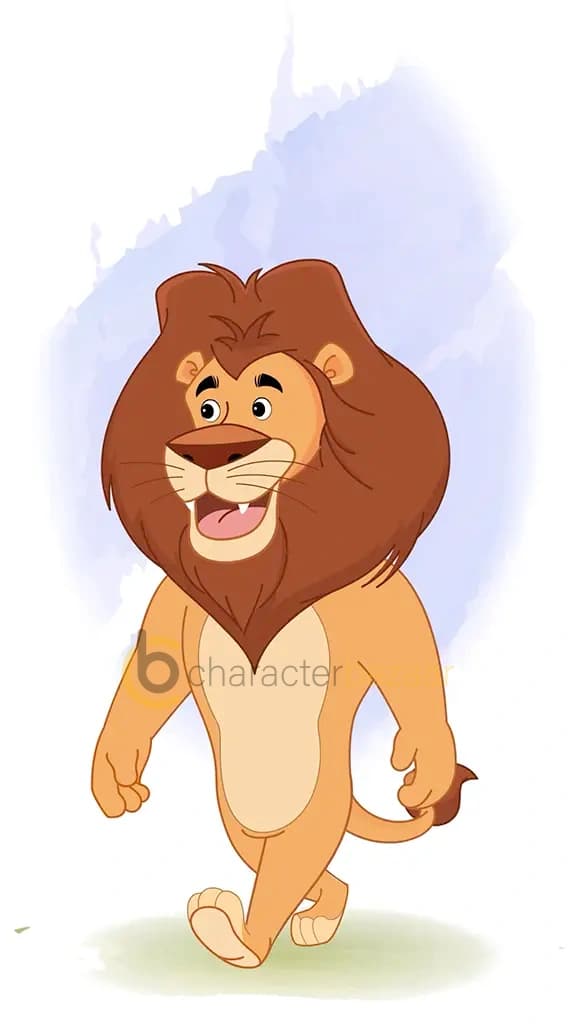 lion 3/4 front view/three quarter view walking animated cartoon character