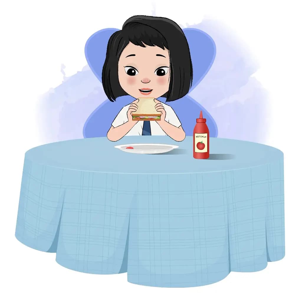 A school girl animated cartoon character sitting at a table and eating a sandwich aka anaya