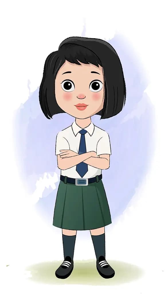 A school girl standing with cross hand and talking animated cartoon character aka anaya