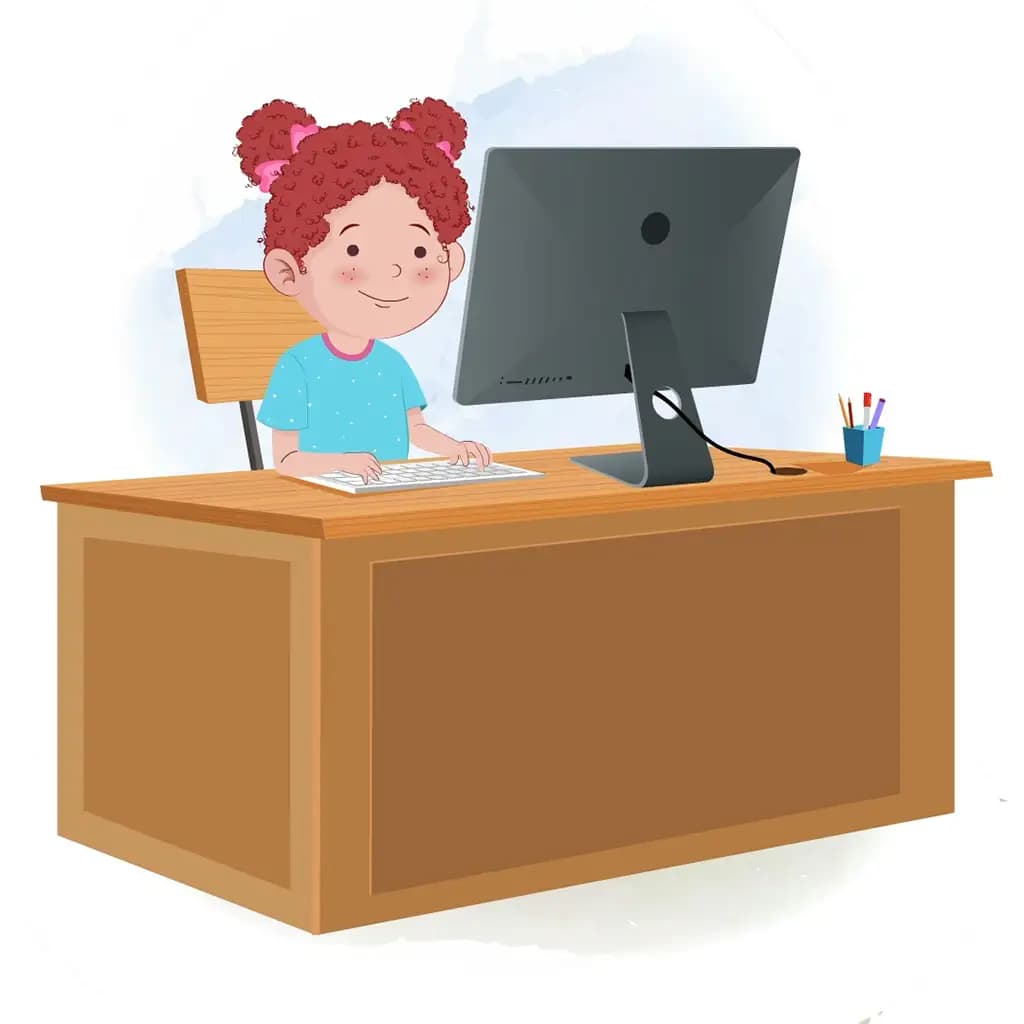 A red hair little girl animated cartoon character working on a computer aka nirru