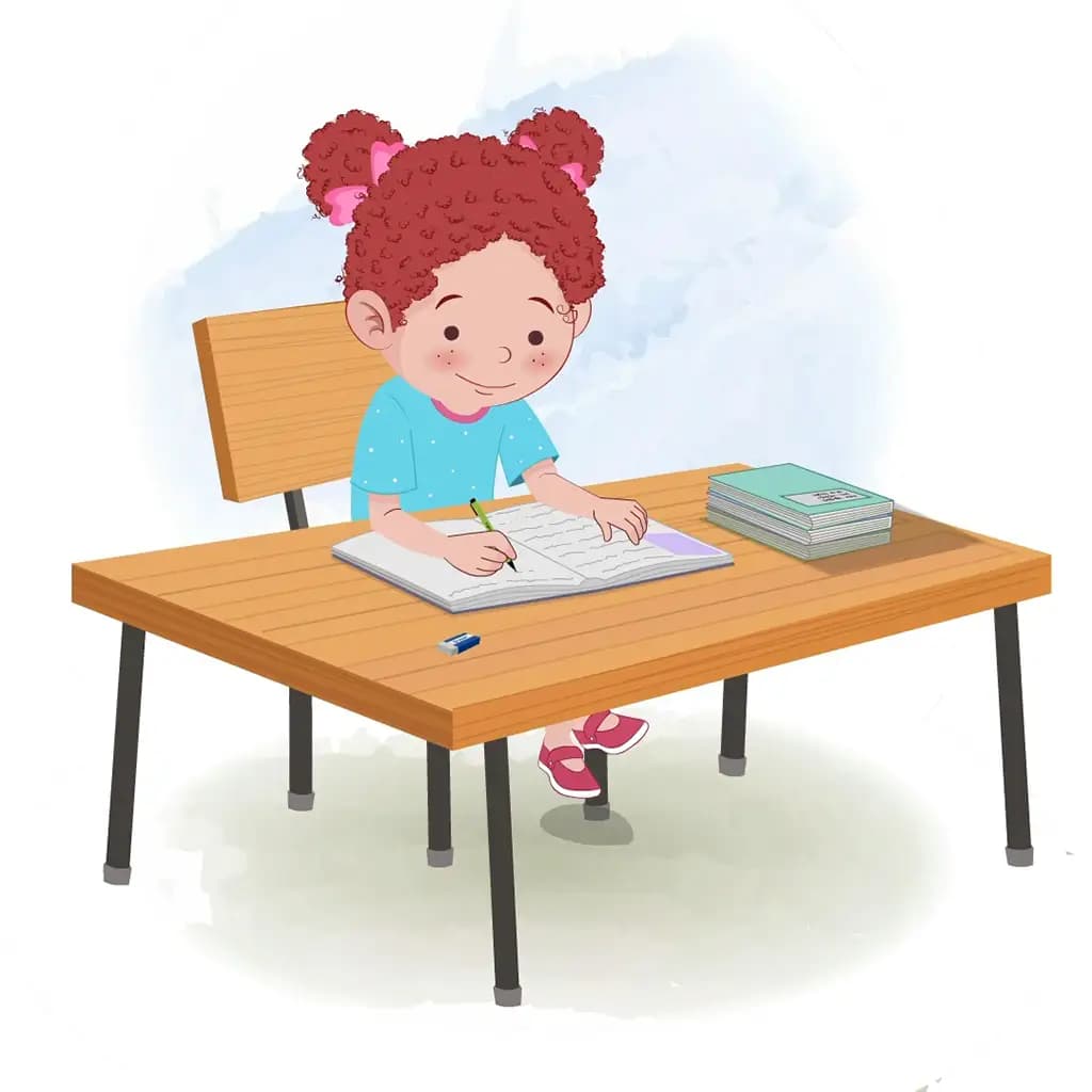 A red hair little girl doing homework and sitting on the table animated cartoon character aka nirru