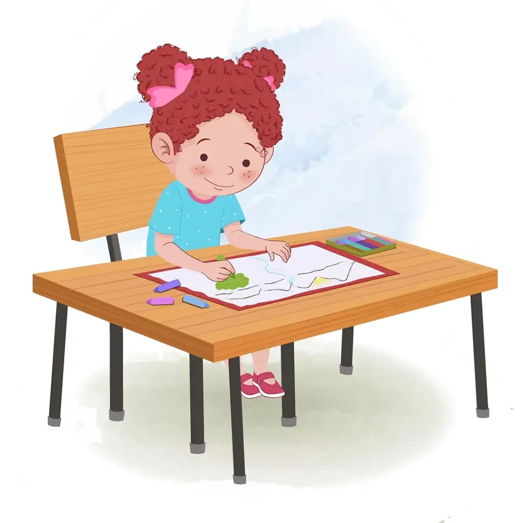 A red hair little girl is sitting at a table with some crayons and coloring on the paper aka nirru