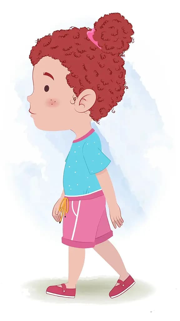 A red hair girl walking in side view animated cartoon character aka nirru