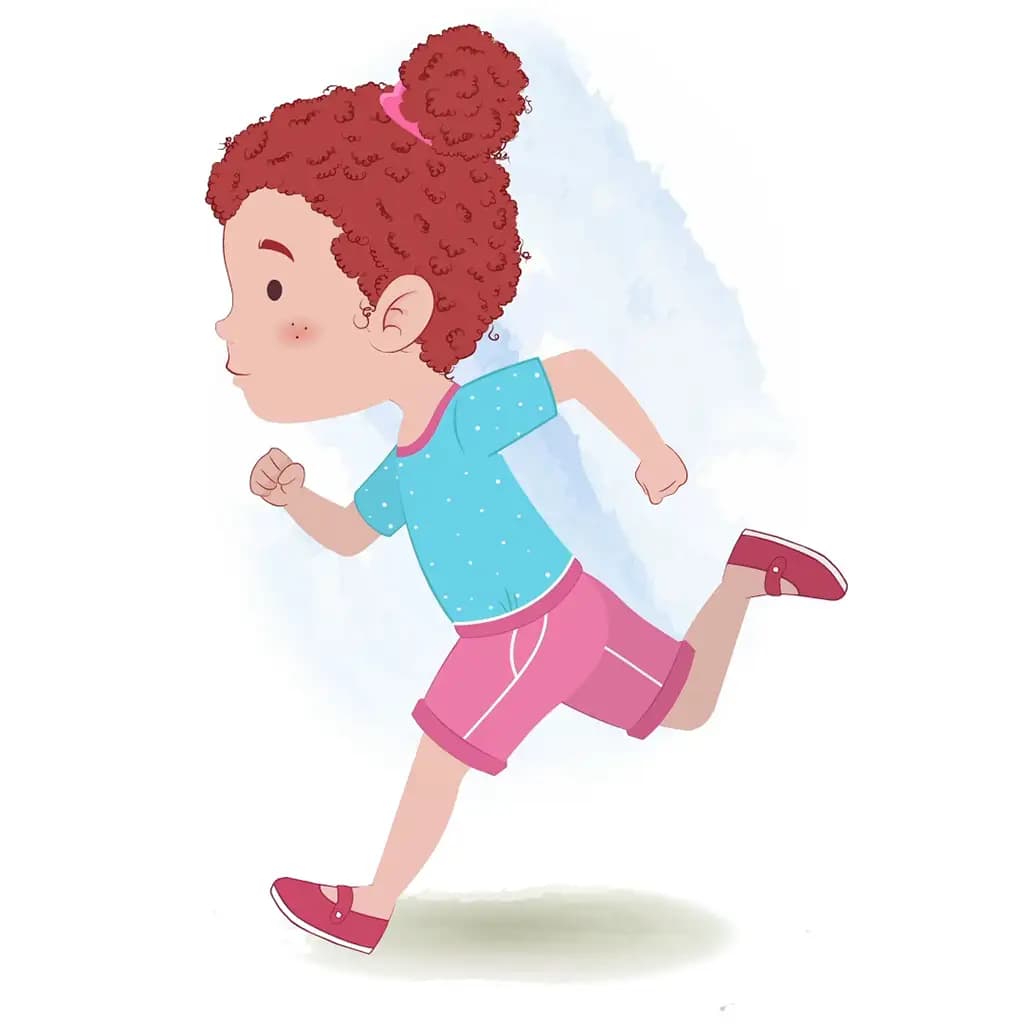A red hair little girl running fast side view animated cartoon character aka nirru