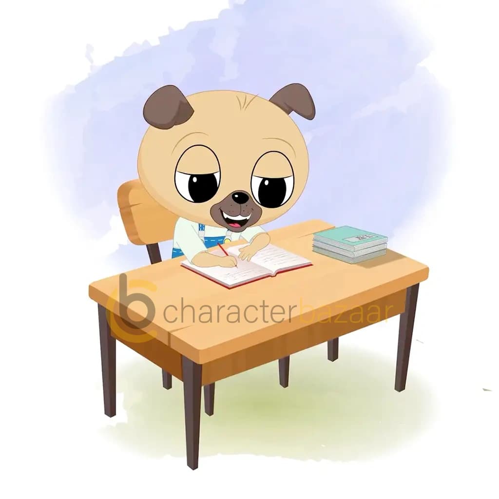 A little dog doing homework and sitting on the table animated cartoon character aka duffy the dog