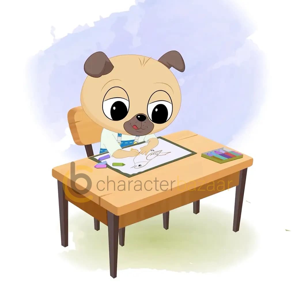 A little dog is sitting at a table with some crayons and colouring on the paper aka duffy the dog