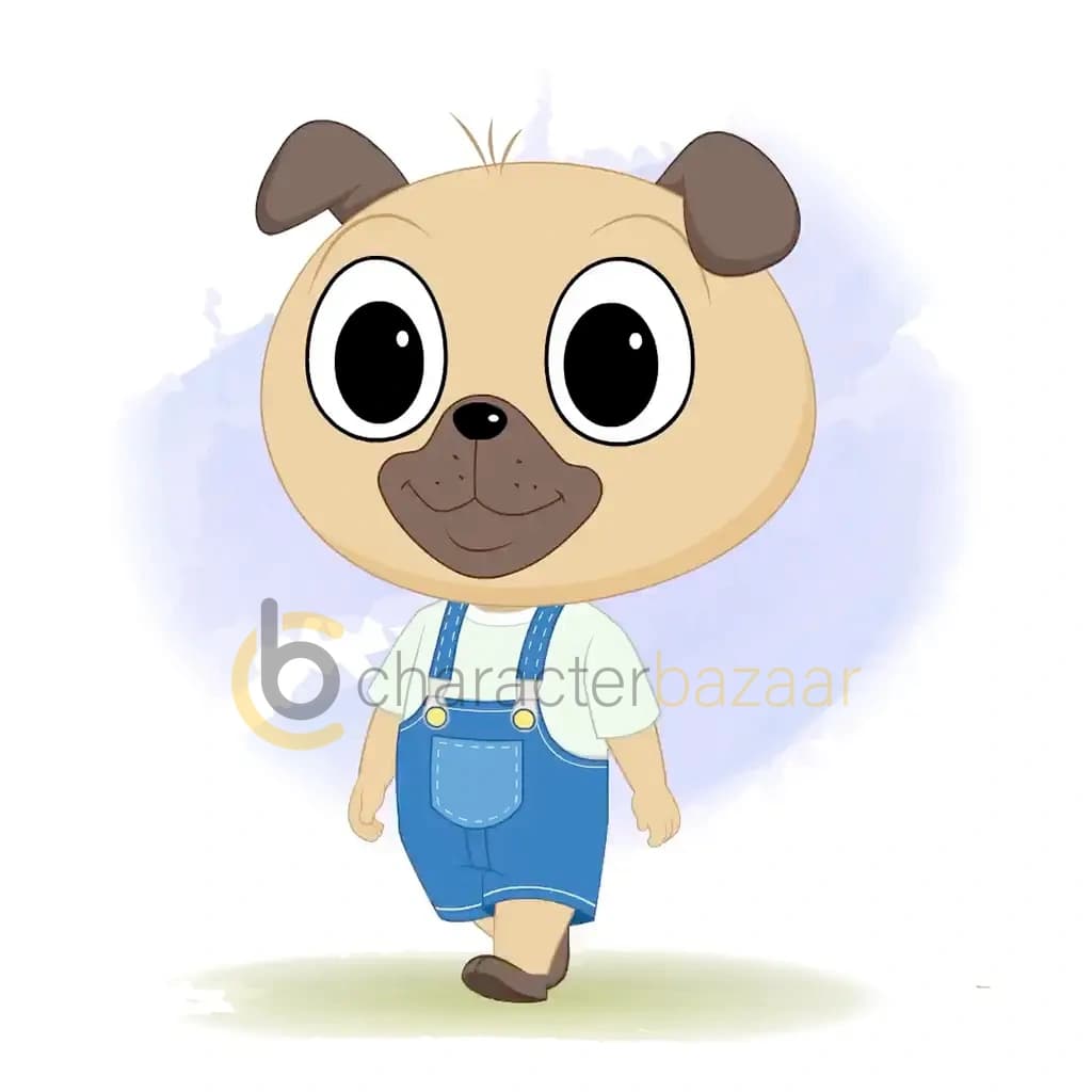 A little dog 3/4 front view/three quarter view walking animated cartoon character aka duffy the dog