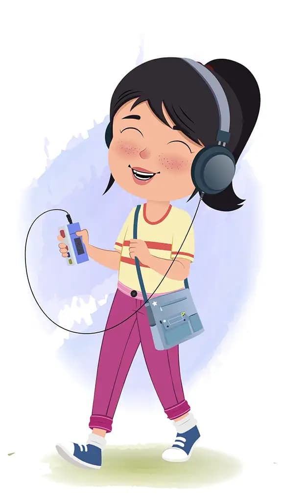 A little girl animated cartoon character listening music in headphones walking in street holding player aka rosie