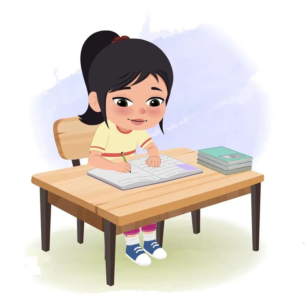 A little girl doing homework and sitting on the table animated cartoon character aka rosie