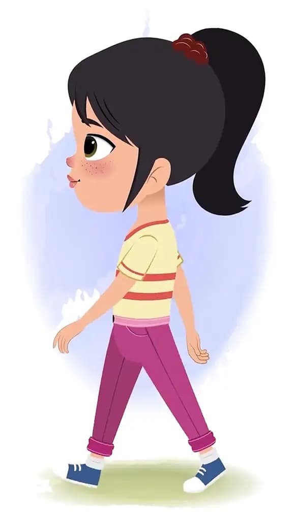 A little girl 3/4 front view/three quarter view walking animated cartoon character aka rosie