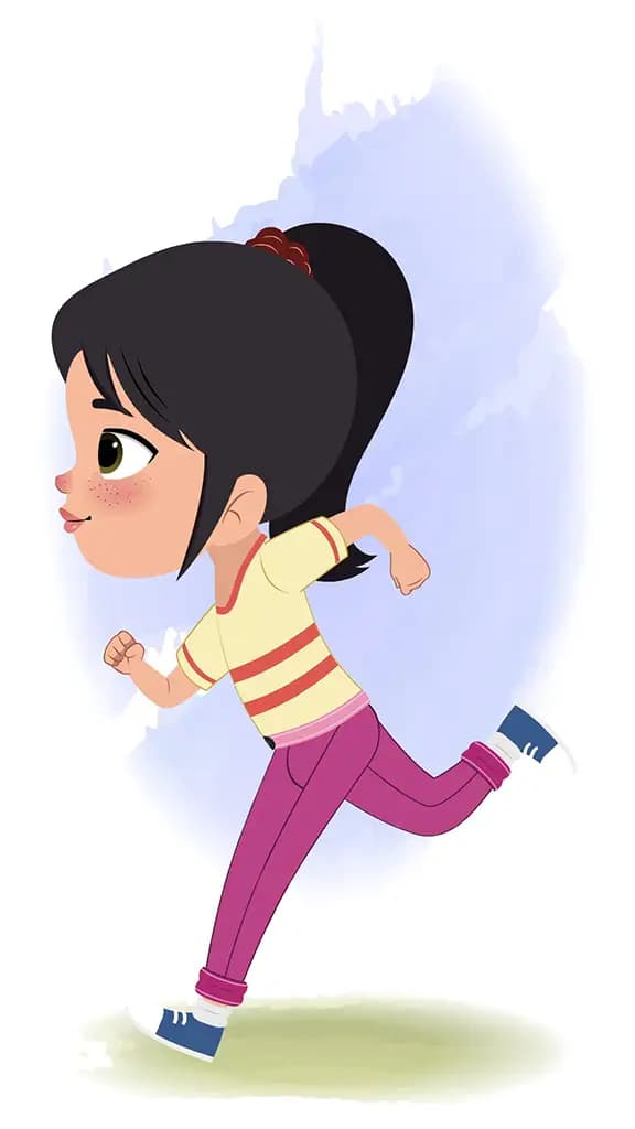 A little girl running fast side view animated cartoon character aka rosie