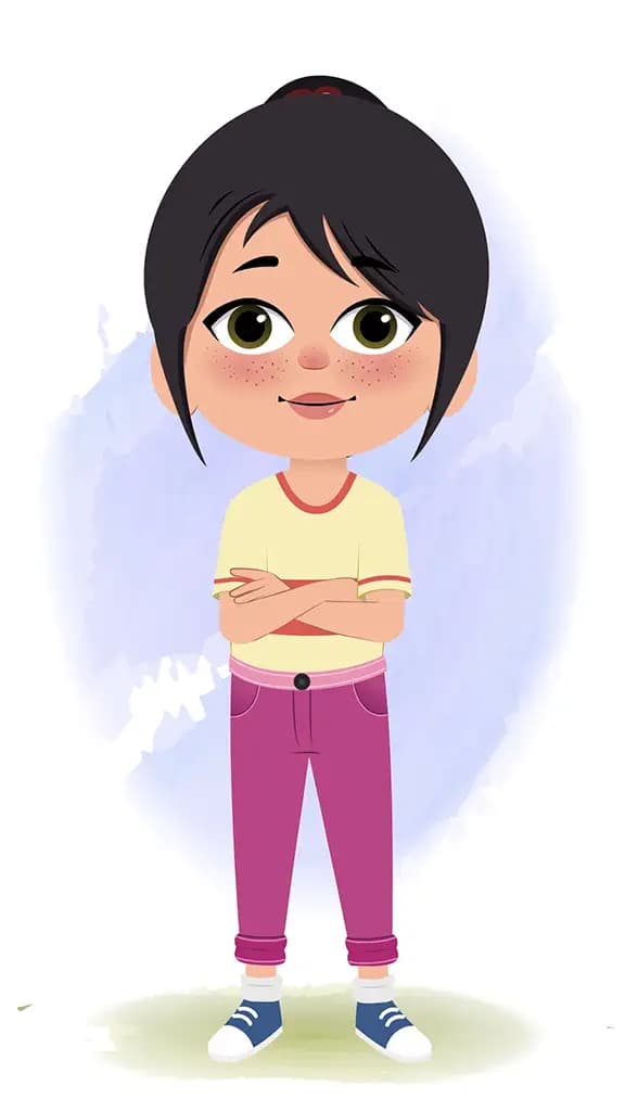 A little girl standing with cross hand and talking animated cartoon character aka rosie