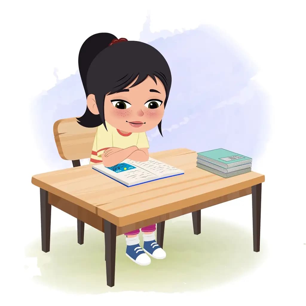 A little girl reading a book and sitting on the table animated cartoon character aka rosie