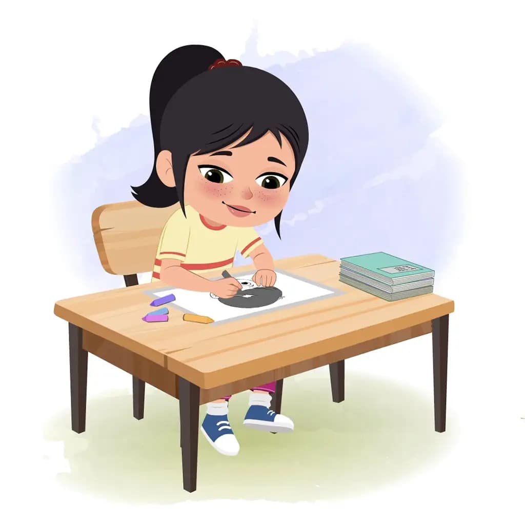 A little girl is sitting at a table with some crayons and coloring on the paper aka rosie