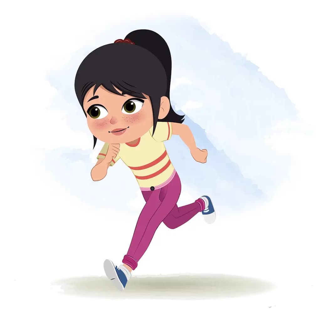 A little girl running three quarter view animated cartoon character aka rosie