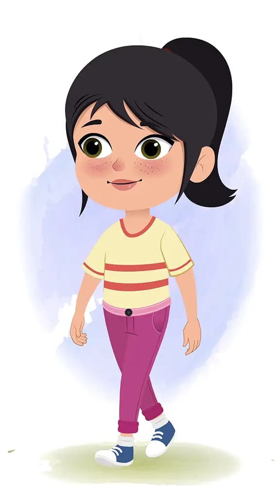A little girl 3/4 front view/three quarter view walking animated cartoon character aka rosie 3/4